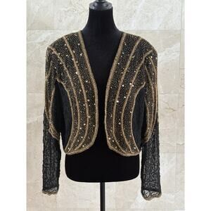 VTG 90s Hand-Beaded Silk Bolero Jacket M/L – Black Gold Maximalist Cocktail Glam